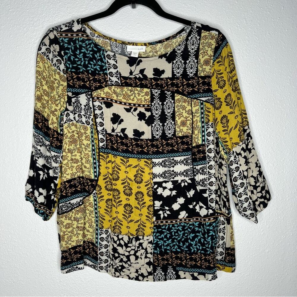 J. Jill Crepe Yellow White Blue Black Floral Crepe Boho Style Blouse Womens SP